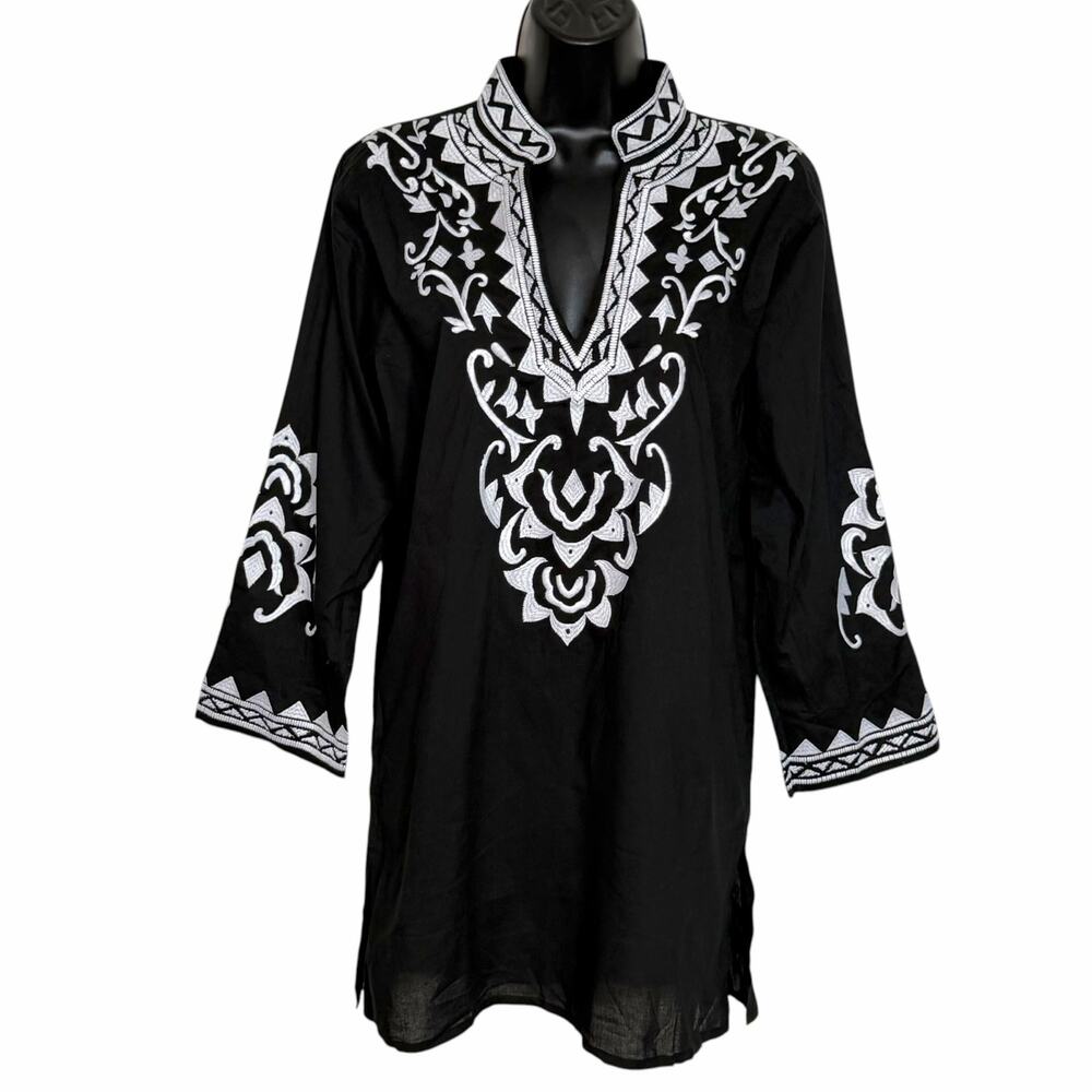 La Moda Clothing Black Embroidered Tunic Blouse Boho Resort Wear Hippie Top L